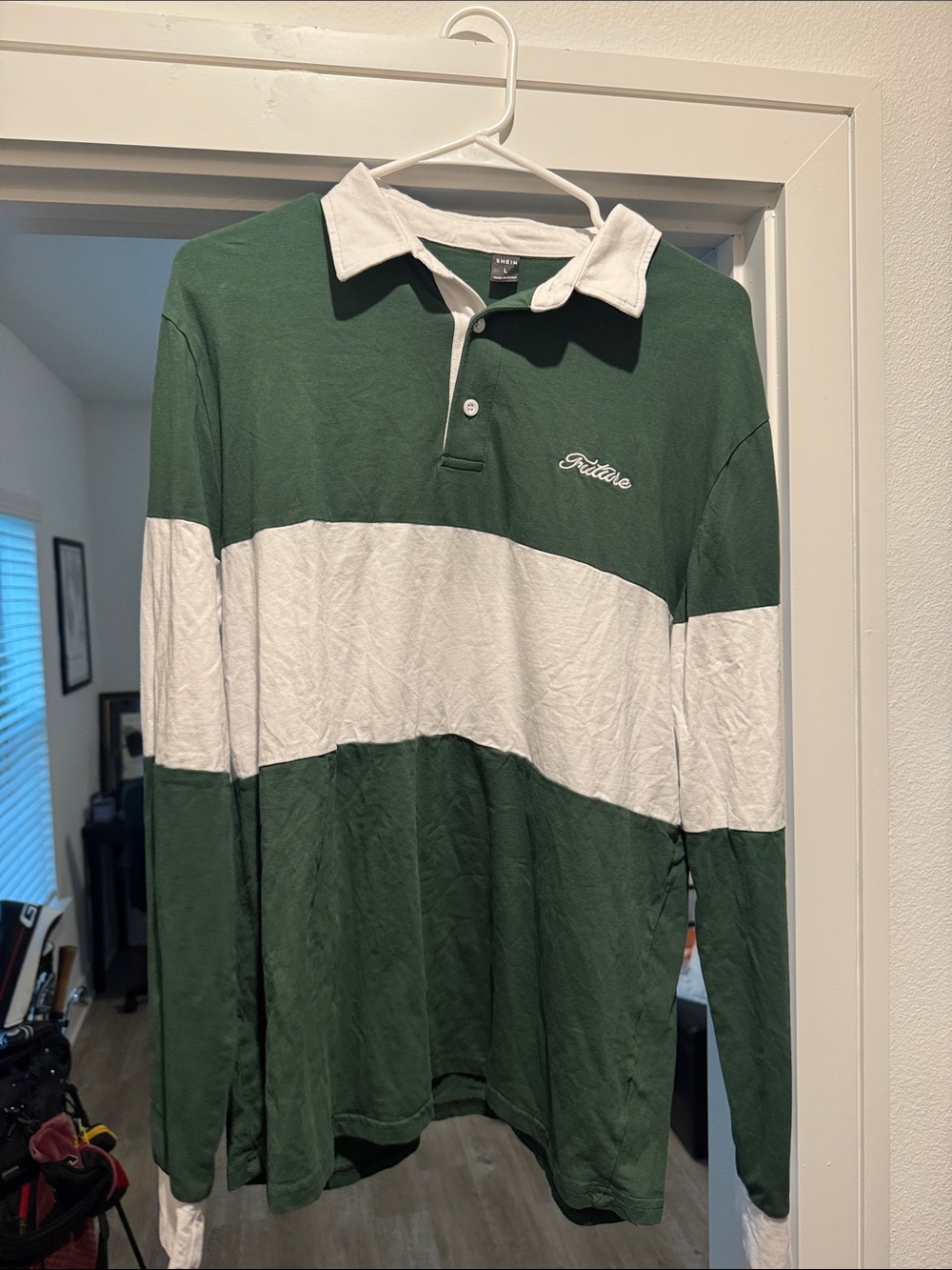 Men's SHEIN Green & White Stripe Rugby Polo Shirt